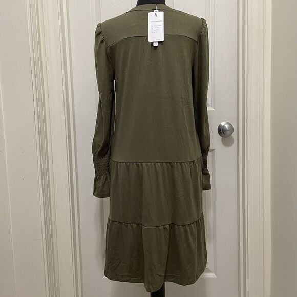 New Marokeety Long Sleeve Ruffle Midi Dress Olive V-Neck Pockets Women's Small - Picture 4 of 10